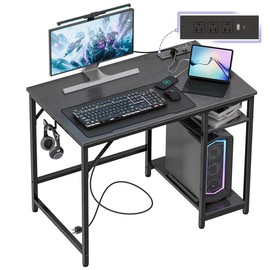 JOISCOPE 40 Inch Small Gaming Computer Desk with Table Power Outlets, Storage Shelves & USB & Type-C Outlet - Colour: Black, Size: 40 inches