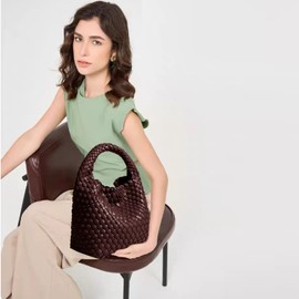 Women Woven Tote Bag Vintage Shoulder Bag Soft Foldable Top-Handle Fashion Handbag Composite Bag with Coin Purse (Coffee)