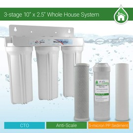10" Whole House 3 Stage Lime Anti Scale Inhibiting Water Filter System, White Filter Housing w/ 10" x 2.5" 5-Micron Polypropylene Sediment, Phosphate Anti Scale, CTO Carbon Water Filters