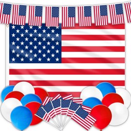 AhfuLife USA Flagge Set, Amerika Deko Set mit Amerikanische Flagge Groß, Amerika Wimpel, 10 Stück Kleine Amerikanische mit Stab, Luftballons Rot Blau Weiß für USA Deko Party July 4th Decoration