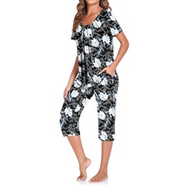 TAOHUADAO Women's Pyjamas Short Sleeve Top with Capri Pants Sleepwear Ladies Pjs Sets with Pockets, White Lily XL