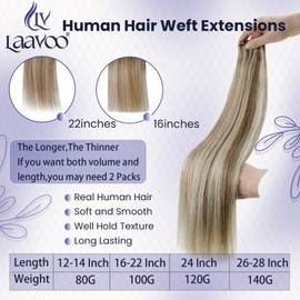 LaaVoo Weft Hair Extensions Real Human Hair 16 Inch 100g Light Brown and White Blonde Highlighted Sew in Straight Remy Invisible Double Weft Weave Extensions #p8/60