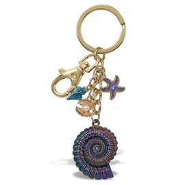 Aqua79 Shells Keychain - Gold 3D Sparkling Charm Rhinestones Fashionable Stylish Metal Alloy Durable Key Ring Bling Crystal Jewelry Accessory with Clasp for Key chain, Bag, Purse, Backpack, Handbag