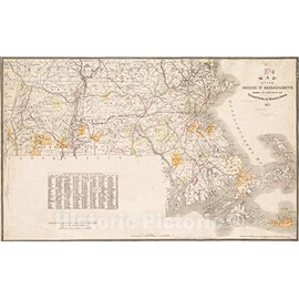 Historical Map, 1871 Map of The Diocese of Massachusetts Showing The Location of The Episcopal parishes and Missionary Stations, Vintage Wall Art : 57in x 36in