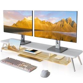 Fenge Dual Monitor Stand, 2 Tiers Acrylic Monitor Riser with LED Lights, 42.5 Inch Wood and Aluminum Desk Shelf with Phone and Tablet Holder