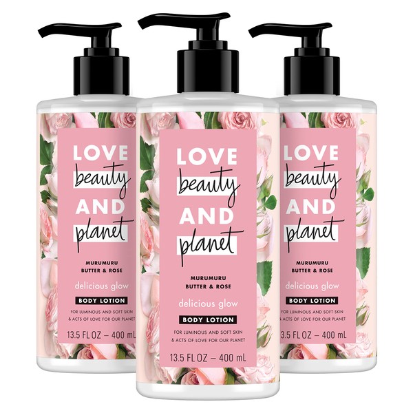 Love Beauty and Planet Delicious Glow Body Lotion for Soft, Glowing Skin Murumuru Butter & Rose Natural Ingredients, Plant-Based Moisturizers, Vegan, Cruelty-Free, 13.5 Ounce (Pack of 3)