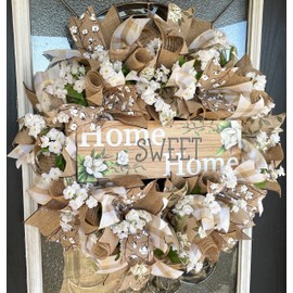 Southern Charm! Home Sweet Home Magnolia & Cotton, Deco Mesh Front Door Wreath, Farmhouse Farm Style Decor, Porch Patio Decoration, Fall, Spring, Summer, Everyday Wedding Decor