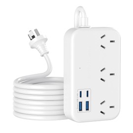 USB Power Board, Power Strip with 3 AC Outlets and 4 USB(2 USB C and 2 USB A), White Powerboard with 1.2M Extension Lead for Desk Travel School Home Office Accessories