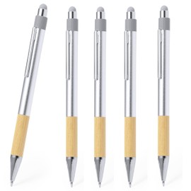 Set of 5 Retractable Ballpoint Pens with Touch Function for Smartphone Tablet Stylus Stylo Made of Recycled Aluminium and Bamboo with Large Capacity Refill (Blue) Metal Clip Sustainable and