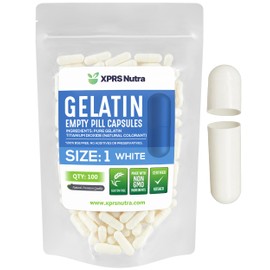 XPRS Nutra Size 1 Empty Capsules - 100 Count Empty Gelatin Capsules - Pill DIY Capsule Filling - Pure Bovine Pill Gel Caps for Do-It-Yourself Supplements (White)