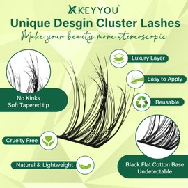 Lash Clusters 3D Effect Eyelash Clusters KEYYOU 144pcs D Curl 8-18MIX Wispy Lashes Fluffy Cluster Lashes Natural Soft DIY Lash Extension(Aura-D-MIX)