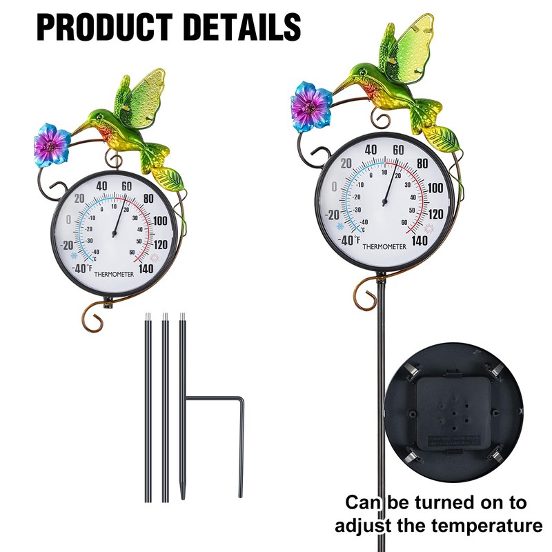 Outdoor Indoor Wall Thermometer with Hummingbird Metal Stake Outside Waterproof