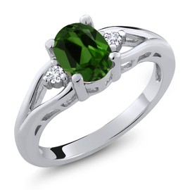 Gem Stone King 925 Sterling Silver Green Chrome Diopside and White Lab Grown Diamond 3 Stone Engagement Ring For Women | 1.28 Cttw | Oval 8X6MM | Round 2MM | Gemstone Birthstone | Size 6