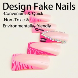 FIEONCIY Press on Nails Duck Shape Glossy Full Cover Medium Acrylic French Leopard False Nails with Rhinestone Designs Artificial Duck Fake Nails with Charms Glue Stick on Fingernails for Women
