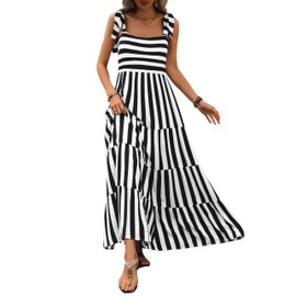 PRETTYGARDEN Women Dresses 2025 Summer Sleeveless Striped Maxi Dress Casual Tiered Boho A Line Flowy Beach Long Sundresses(Striped Black,X-Large)