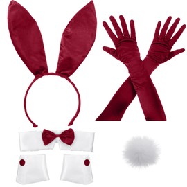 Floraltop Women's Bunny Costume Set Rabbit Ear Headband Bow Tie Cuff Bunny Tail Stocking Cosplay Accessories for Easter Party(Wine Red)