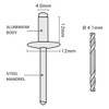 SKIR'CO (Pack of 300) Large Flange Aluminium Blind Rivets 4.0