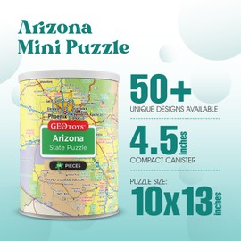 Geotoys Arizona Mini State Puzzle – 100 Piece Puzzles for Kids and Adults in Portable Can, 13" x 10" Educational Travel Puzzle for Ages 7 and Up – Mini Puzzles to Learn & Explore Geography