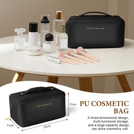Aucuu Travel Cosmetic Bag, PU Leather Portable Travel Makeup Bag with Large Capacity Waterproof Portable Makeup Bag Toiletry Bag Organiser for Toiletries, #15 New - Black, Contemporary
