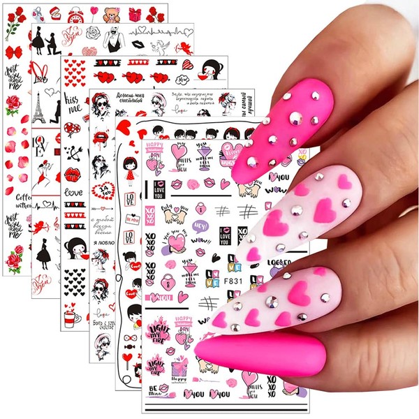 Heart Nail Art Stickers 3D Self-Adhesive Nail Decals Valentine Love Hearts Sexy Lips English Letter Rose Flower Nail Art Design for Romantic Valentine's Nail Decorations Supplies 6 Sheets