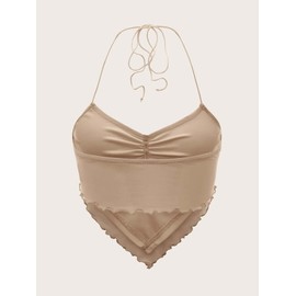 Floerns Women's Ruched Sleeveless Halter Neck Tie Back Hanky Hem Crop Cami Top Apricot M