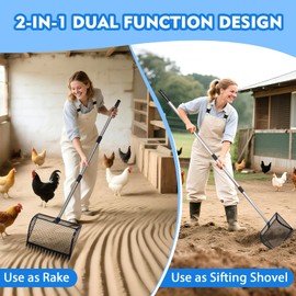 XOTTI 12 Inch Large Chicken Poop Scooper & Rake 2-in-1, Metal Chicken Coop Scoop with 36 to 75" Adjustable Stainless Steel Handle, Durable Sand Litter Sifting Shovel for Farm Animals