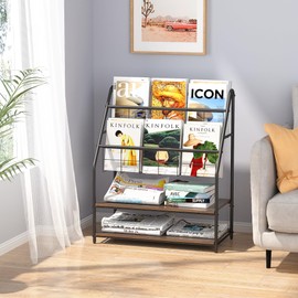 VECELO Magazine Rack FloorStanding,Magazine Display Stand Brochures Newspaper Holders,with 2 Shelves Board for Office,Library,Exhibition Hall,Hospital Indoor&Outdoor,Grey