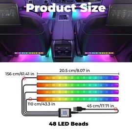Car LED Interior Lighting with App Control, Footwell Lighting Car, 4 Pieces, 48 LEDs, with USB Port and Music Modes, for Ambient Lighting, Decoration, Gifts for Men and Women
