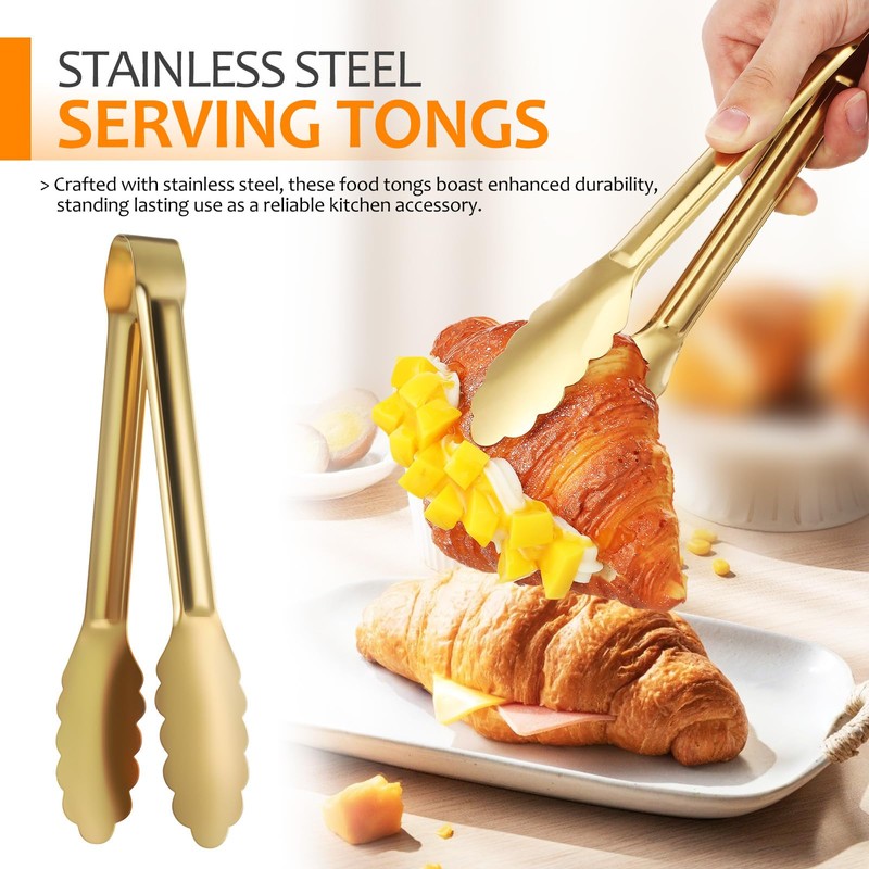 Luxshiny 4pcs Golden Stainless Steel Serving Tongs for Cooking, BBQ,