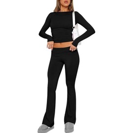 ROFUSSO Women’s Two Piece Set with Long Sleeve Crop Top and Flare Pants Yoga Tracksuit Lounge wear Outfit Comfortable Fold Over Waist Y2k Set Black L
