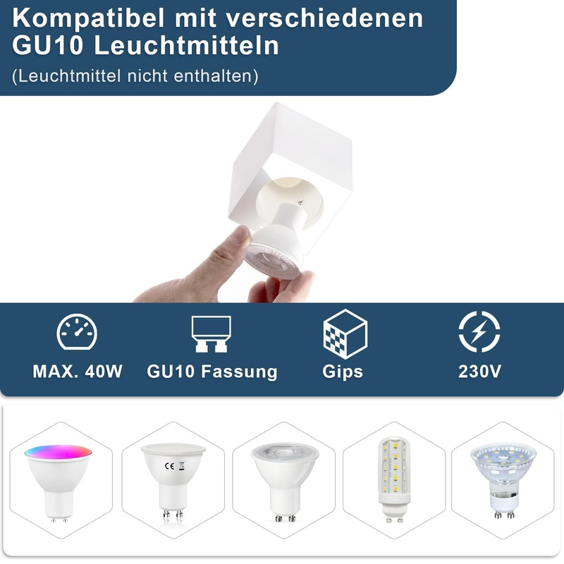ZMH Surface-Mounted Spotlight GU10: Surface-Mounted Spotlight Square Ceiling Spotlights Ceiling