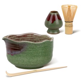 Pottery Matcha Set - Japanese Handcrafted Matcha Tea Bowl Mineral Glaze Bowl with Spout, Bamboo Whisk, Scoop & Chasen Holder | 4pc Tea Ceremony Kit for Matcha Lovers (Forest Glow)