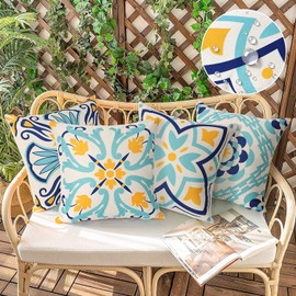 Dremisland Outdoor Throw Pillow Covers Waterproof Pillow Covers 18x18 Set of 4 Boho Linen Throw Pillow Covers Modern Blue Decorative Pillow Case for Patio Garden Balcony Couch Deck Chair