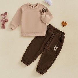 MAHUAOYIXI Toddler Kids Boys Easter Clothes Long Sleeve Letter Print Sweatshirt Pullover Shirts Top and 3D Bunny Ears Elastic Waist Pants 2Pcs Sets Outfits for Little Boys (Coffee, 3-4 Years)