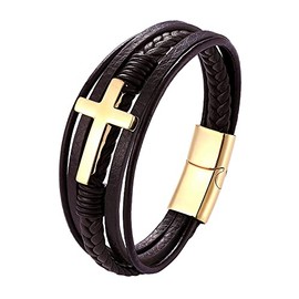 Panifio Mens Stainless Steel Cross Bracelet Personality Multi-Layer Braided Leather Bracelet for Men Religious Jewelry