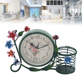 kangten Vintage Table Clock, Metal Table Clocks, Pastoral Quiet Table Clock with Flower Holder, Distressed Design, Iron Clock for Desk, Office, Living Room Decoration