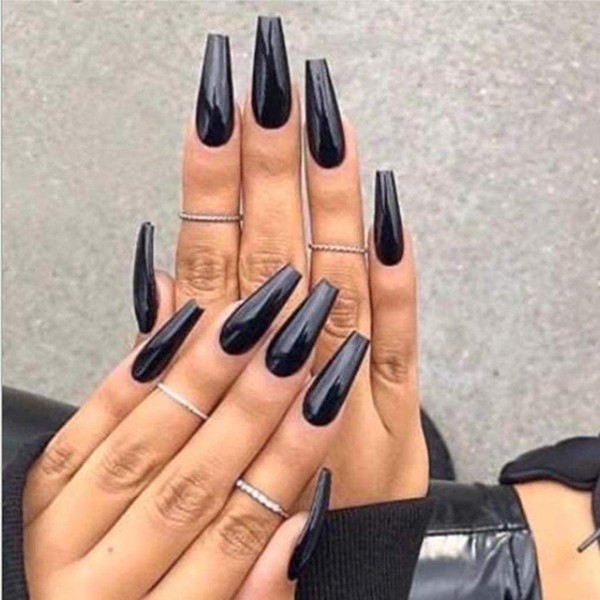 Aularso Press on Nails Black Extra Long Fake Nails Glossy False Nails Full Cover Acrylic Nails Clip on Nails Tips Halloween Fingernails Party Stick on Nails for Women and Girls 24Pcs(Black)