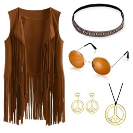 60s 70s Outfits for Women Party Accessories Peace Sign Earring Headband Fringe Vest Tassel Cardigan (khaki, Large)