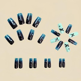 24 Pcs Spring Green Press on Nails Medium Ballet - YIHONGYAN Acrylic Nail Art Kit Fake Nails Press ons Nail Glue on Nails Black Butterfly Starry Sky False Nails Full Cover Stick on Nails Manicure