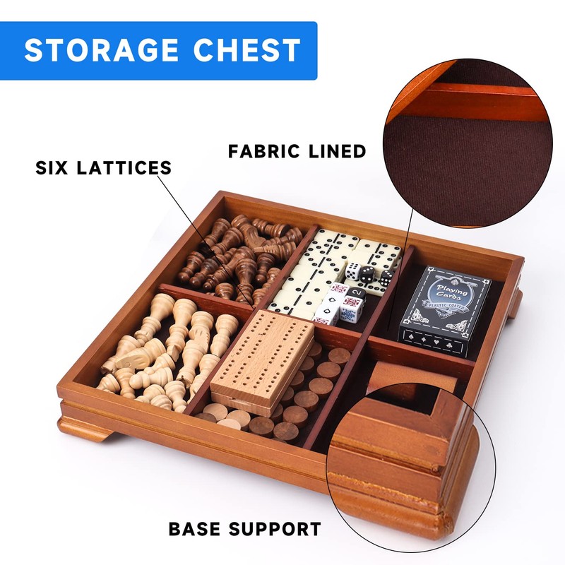 GSE Wooden 7-in-1 Board Game Set - Chess, Checkers, Backgammon,