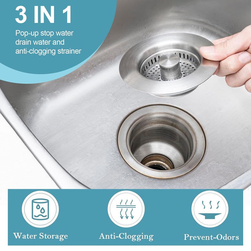 Proxima 3in1 Kitchen Sink Drain Strainer, 304 Stainless Steel Pop