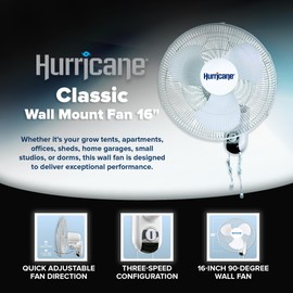 Hurricane Hurricane Wall-Mount Fan, Quiet 90-Degree Oscillating Fan with 3 Speeds, 16" Classic
