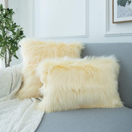 LIGICKY Set of 2 Luxury Series Soft Faux Fur Cushion Cover Decorative Square Plush Pillow Case Throw Pillow Cover for Couch Sofa Bed (Beige, 12 x 20 Inch)