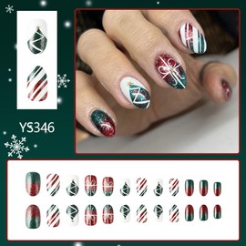 24Pcs Christmas Press on Nails Short Oval Fake Nails Christmas Bow Gold Rhinestone Artificial Nails Bling Green Glitter Stick on False Nails Glossy Glue on Nails Winter Xmas Artificial Nails for Women