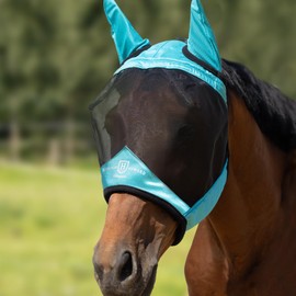 Harrison Howard Pro Luminous Horse Half Face Fly Mask Large Eye Space with Ears UV Protection for Horse Teal S