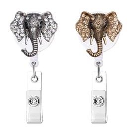 ZOSTLAND 2pcs Cute Animal Rhinestone Elephant Retractable Badge Reel, Holder for Office Worker Nurses ID and Name Tag Plate with Metal Back Clip, 28 inch Cord Extension (2Pack Diamond Elephant)