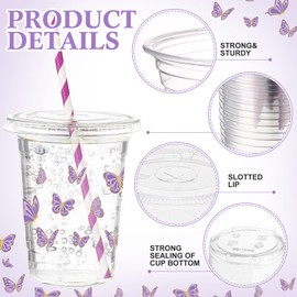 Honeydak 150 Pcs Purple Butterfly Plastic Cups Set 50 Pcs 16 oz Butterfly Clear Disposable Cups with 50 Lids and 50 Paper Straws Party Favor for Spring Birthday Baby Shower Wedding Party Supplies