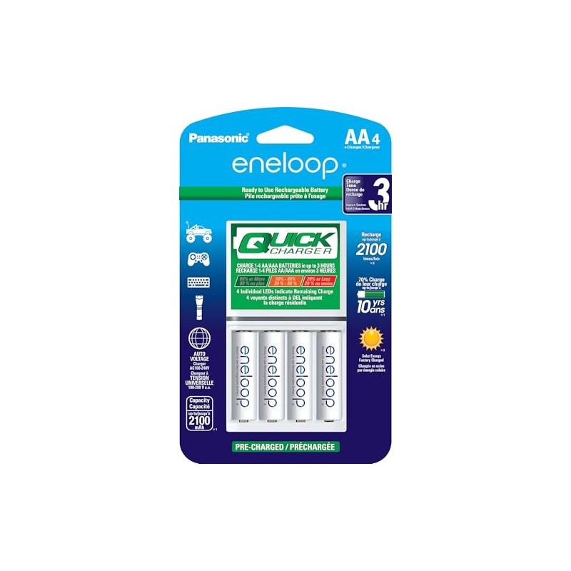 Cargador rápido Panasonic eneloop con 4 pilas recargables, AA