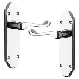 IRONZONE® A Pair of Premium Quality Shaped Door Handle Lever Latch on Backplate Polished Chrome, Contemporary Design for Internal Wooden or Oak internal Doors