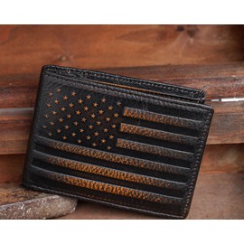 DK86 USA Flag Wallet for Men Slim Rfid Bifold Genuine Leather 2 ID Window With Gift Box (black brown with US flag)